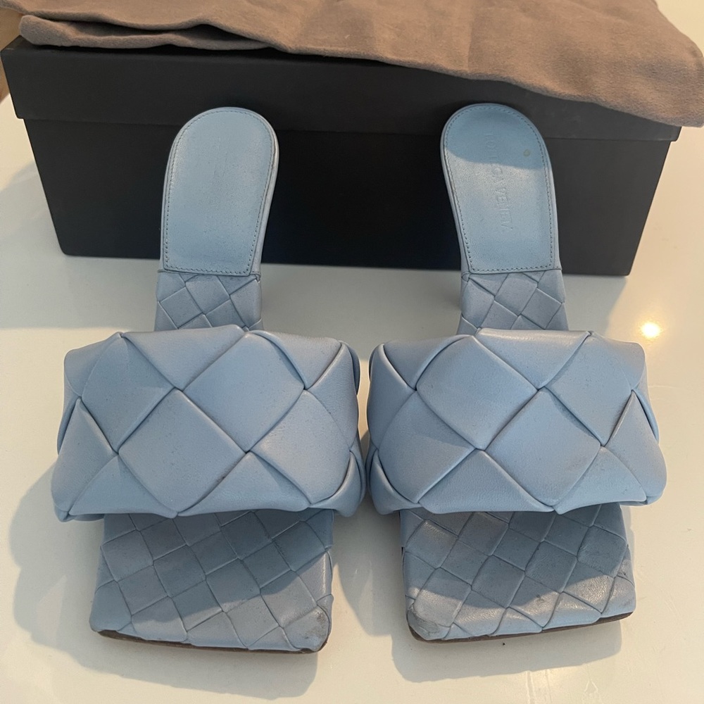 Baby blue Bottega Veneta heels.
